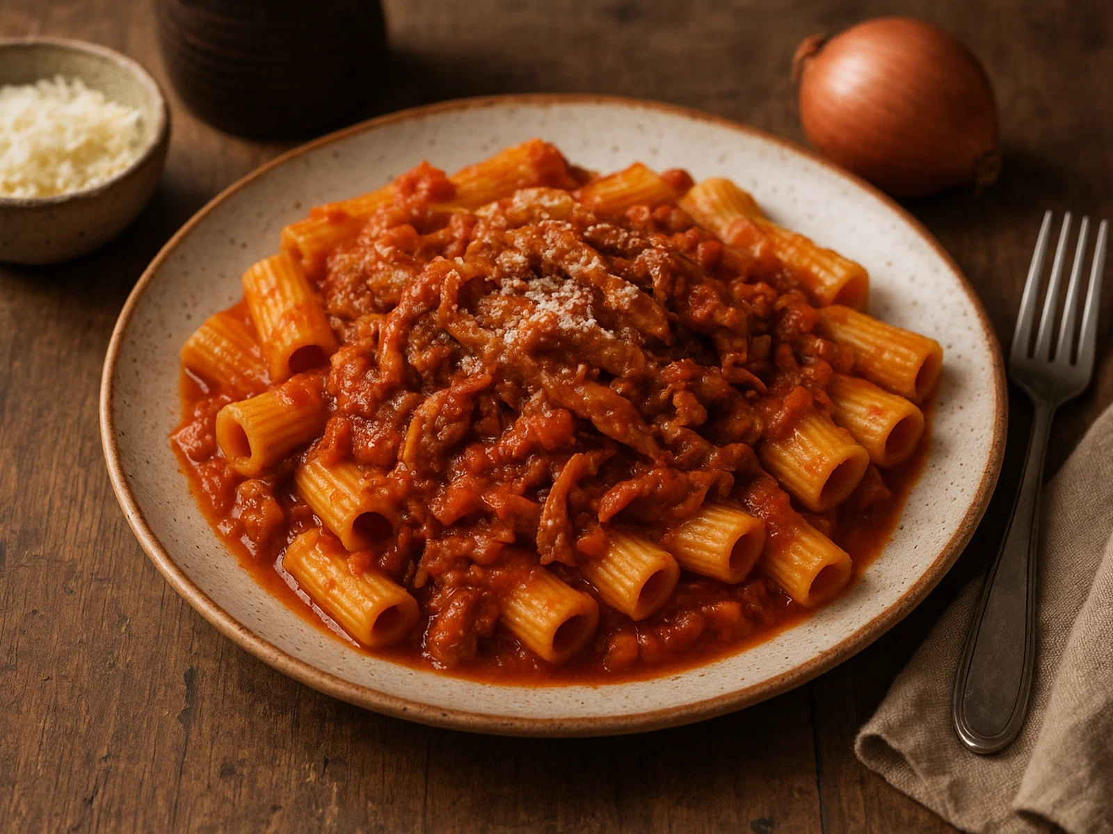 Rigatoni con la Pajata (Rigatoni mit Kalbsdarm in Tomatensauce)
