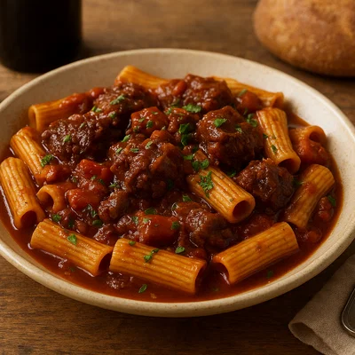 Rigatoni alla Vaccinara (Rigatoni mit Ochsenschwanz-Sauce)