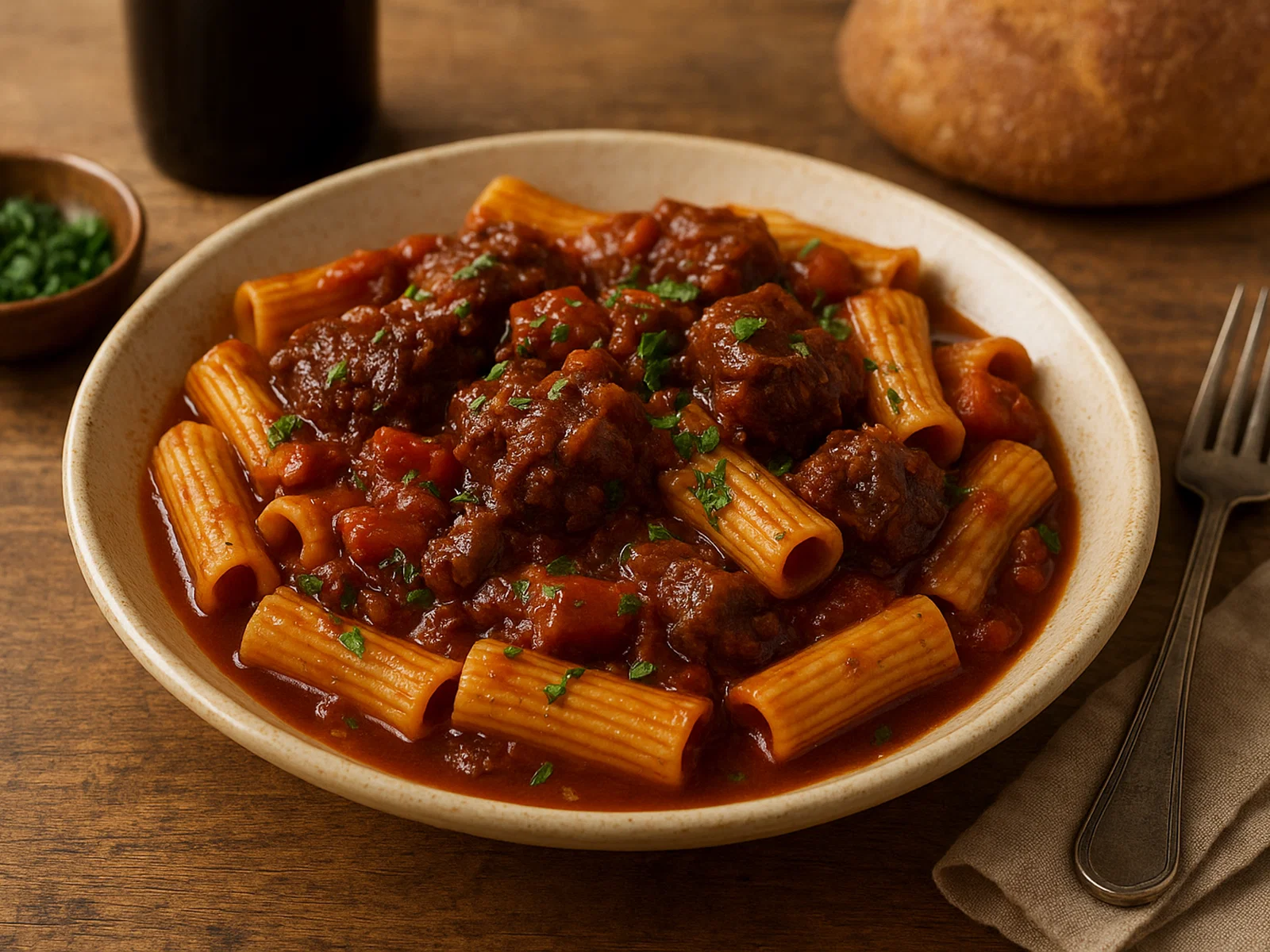 Rigatoni alla Vaccinara (Rigatoni mit Ochsenschwanz-Sauce)