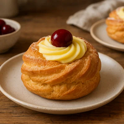 Zeppole di San Giuseppe – Brandteigkrapfen mit Vanillecreme und Sauerkirschen