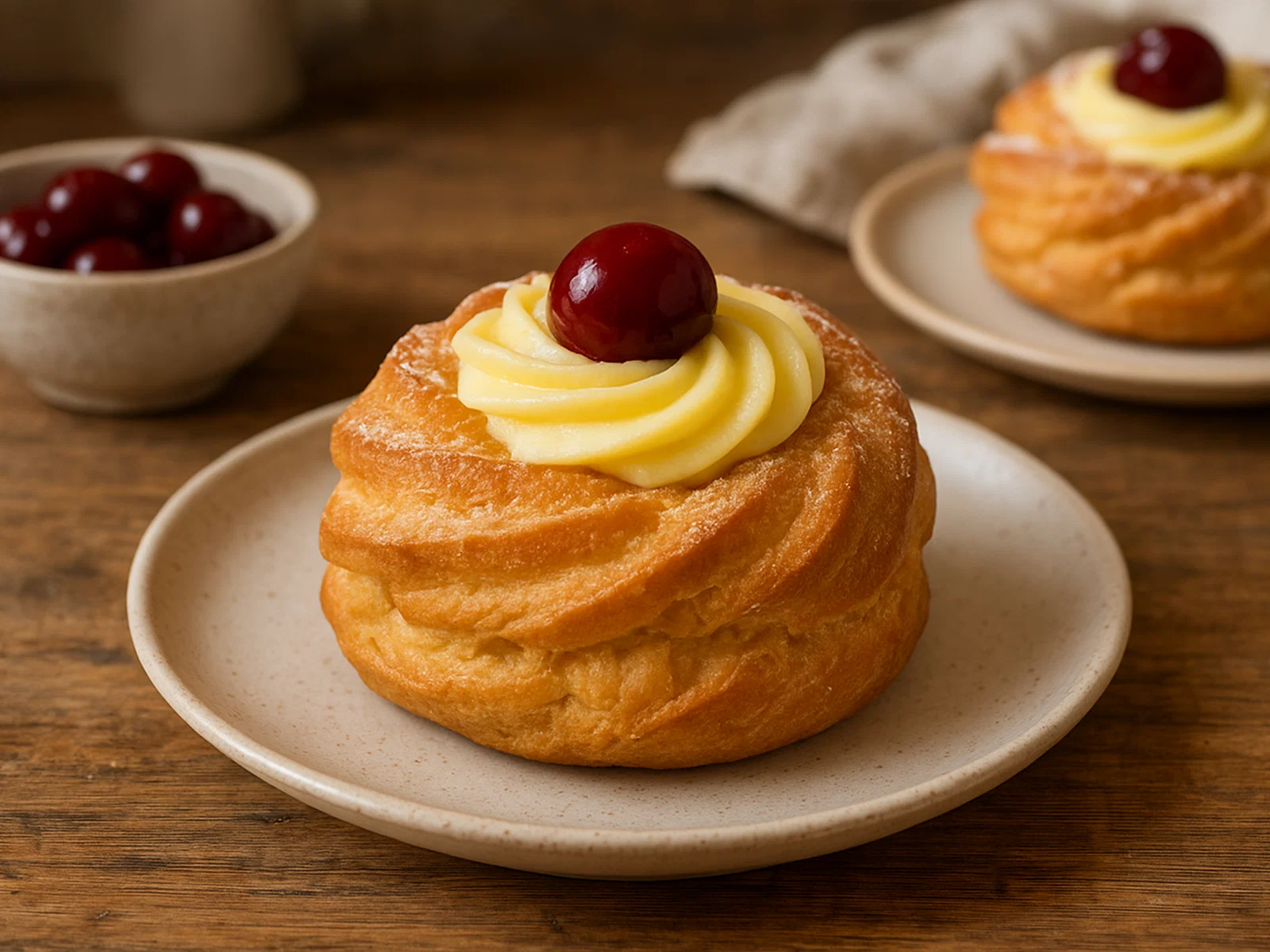 Zeppole di San Giuseppe – Brandteigkrapfen mit Vanillecreme und Sauerkirschen