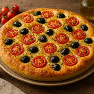 Focaccia barese – saftige Kartoffel-Focaccia mit Tomaten und Oliven