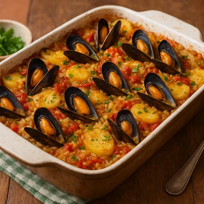 Riso, patate e cozze al forno – apulischer Auflauf mit Reis, Kartoffeln und Miesmuscheln