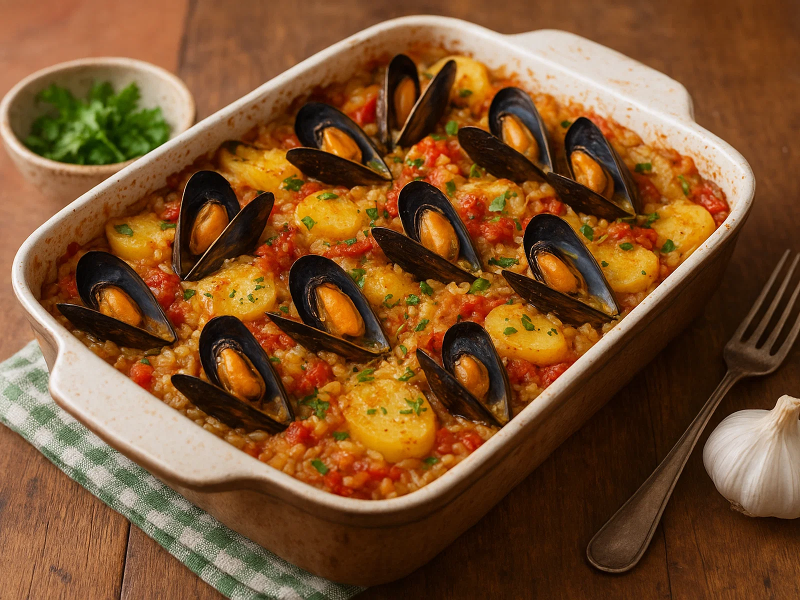 Riso, patate e cozze al forno – apulischer Auflauf mit Reis, Kartoffeln und Miesmuscheln