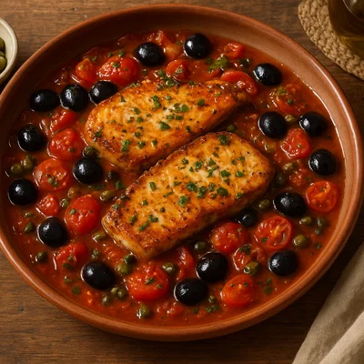Pesce spada alla calabrese – Schwertfisch mit Tomaten, Kapern und Oliven