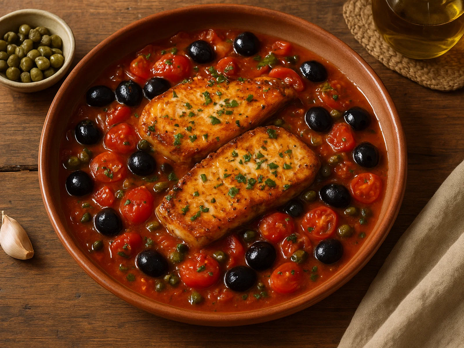 Pesce spada alla calabrese – Schwertfisch mit Tomaten, Kapern und Oliven
