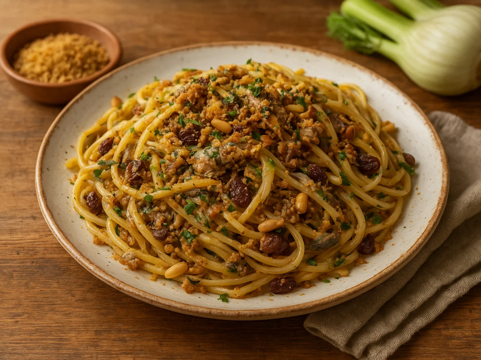 Pasta con le sarde – Sizilianische Pasta mit Sardinen, Fenchel, Rosinen und Pinienkernen