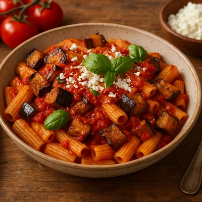Pasta alla Norma mit Auberginen, Tomaten und Ricotta salata