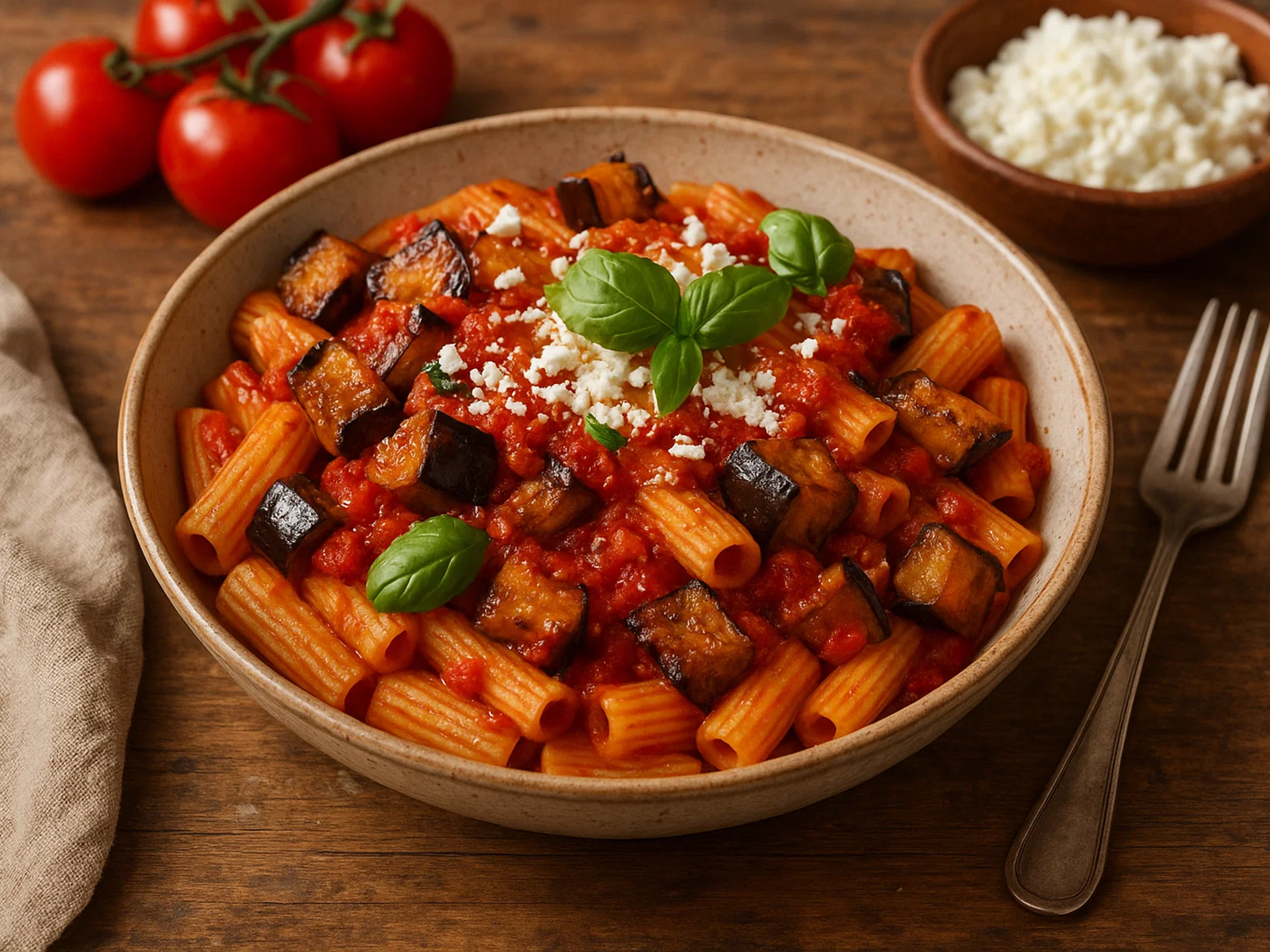 Pasta alla Norma mit Auberginen, Tomaten und Ricotta salata