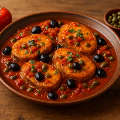 Pesce spada alla messinese (Schwertfisch mit Kapern, Oliven und Tomaten)