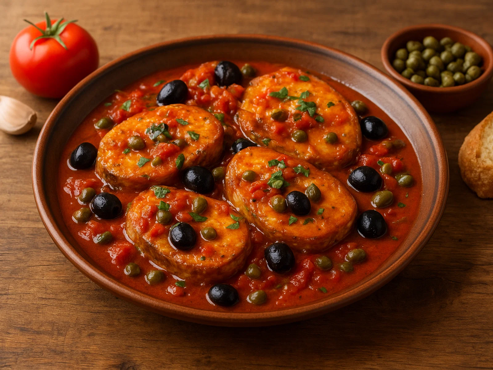 Pesce spada alla messinese (Schwertfisch mit Kapern, Oliven und Tomaten)
