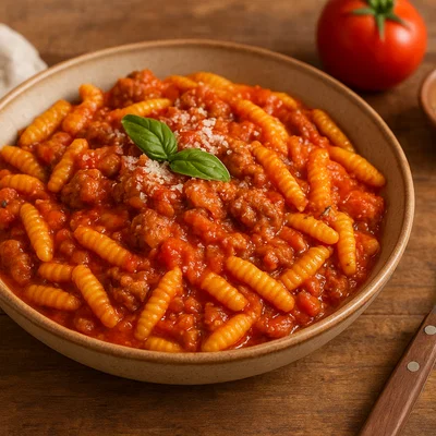 Malloreddus alla campidanese – sardische Safran-Nocken mit Wurst-Tomatensauce