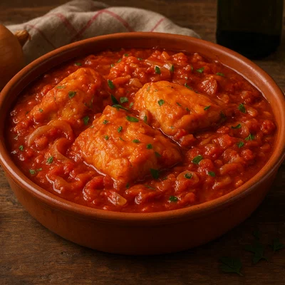 Baccalà in umido (geschmorter Stockfisch in Tomatensauce)