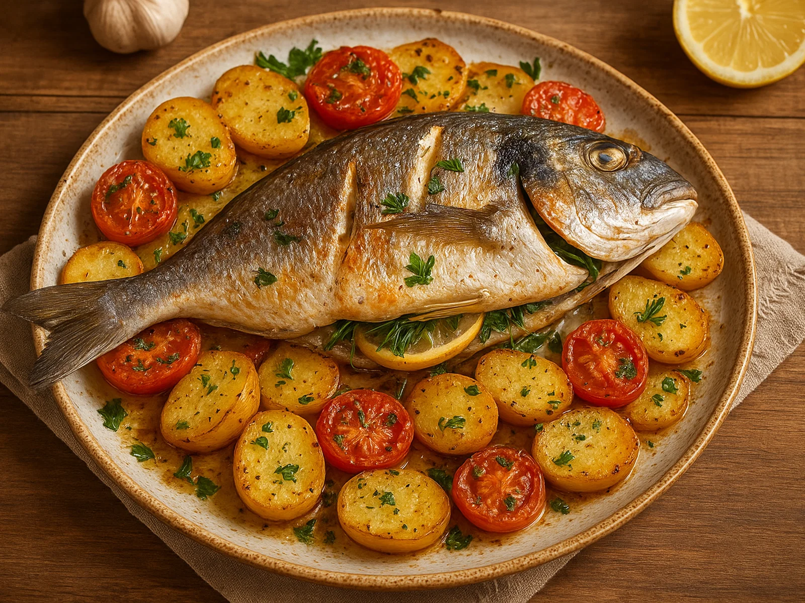 Orata al forno – Ofengebackene Goldbrasse mit Kartoffeln und Kräutern