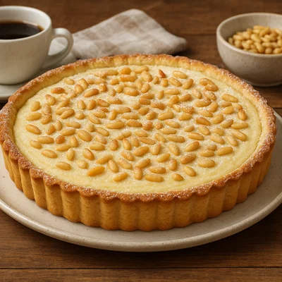 Torta della nonna – italienische Mürbeteigtorte mit Vanillecreme und Pinienkernen