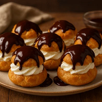 Profiteroles mit Sahnefüllung und Schokoladensoße