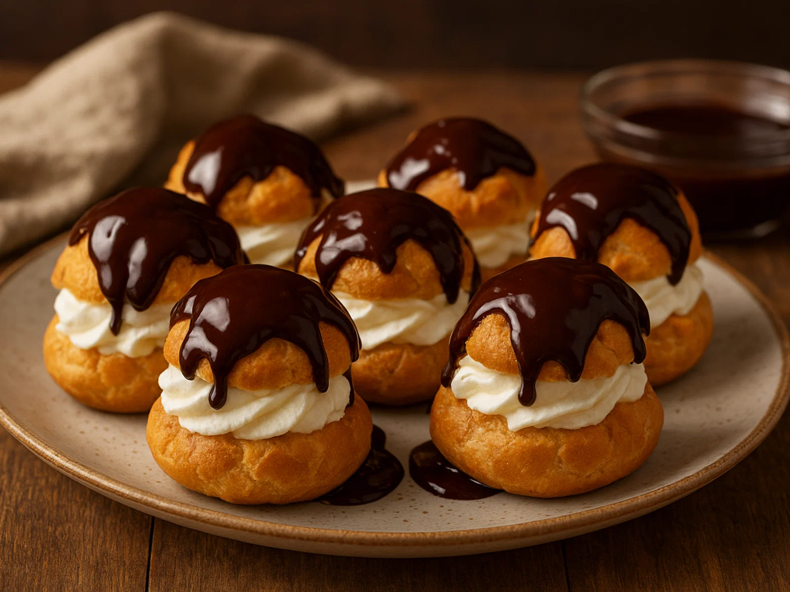 Profiteroles mit Sahnefüllung und Schokoladensoße