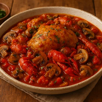 Pollo alla Marengo – Huhn mit Tomaten, Pilzen und Flusskrebsen