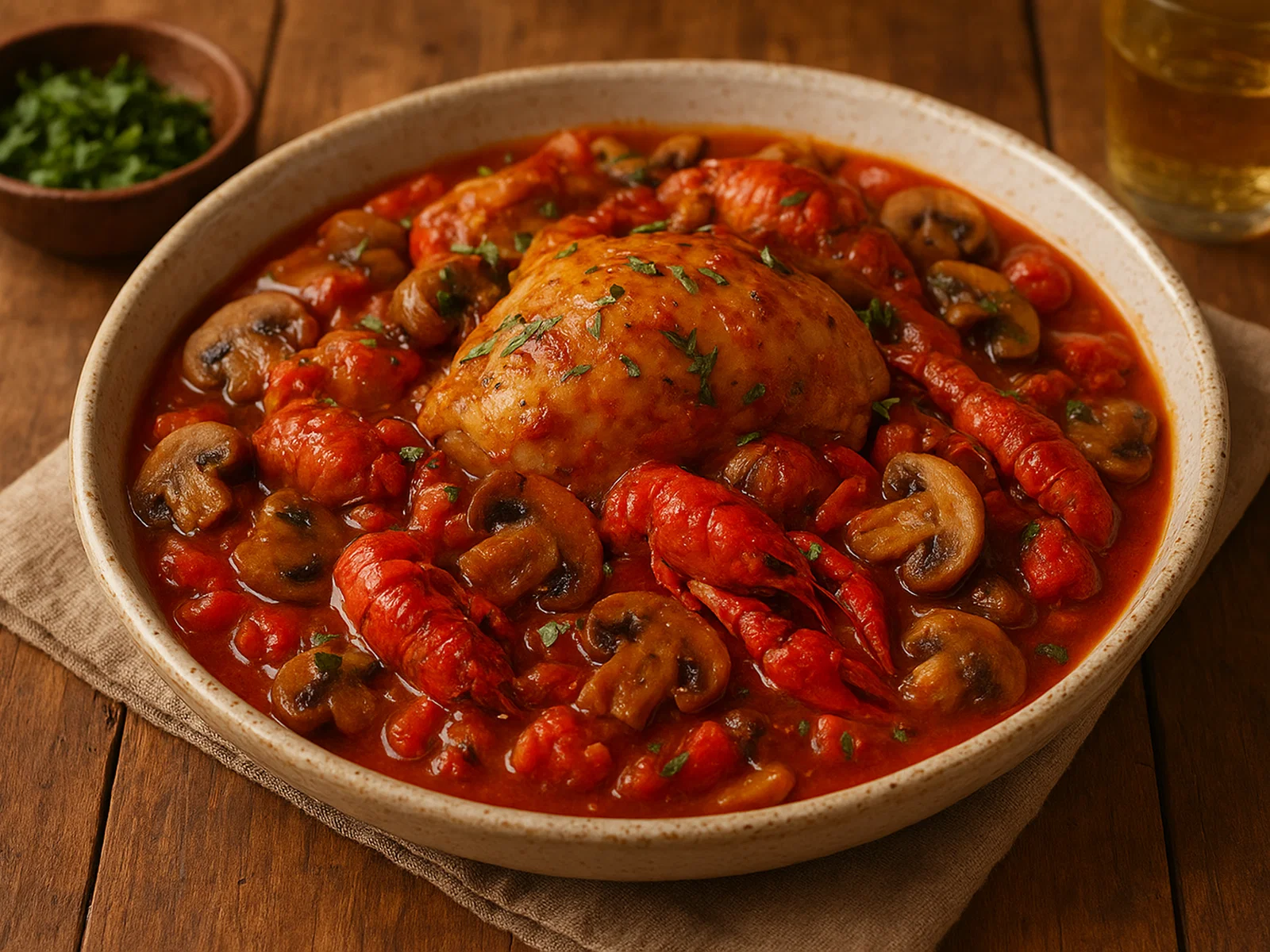 Pollo alla Marengo – Huhn mit Tomaten, Pilzen und Flusskrebsen