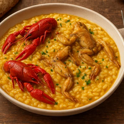 Risotto alla certosina mit Flusskrebsen und Froschschenkeln