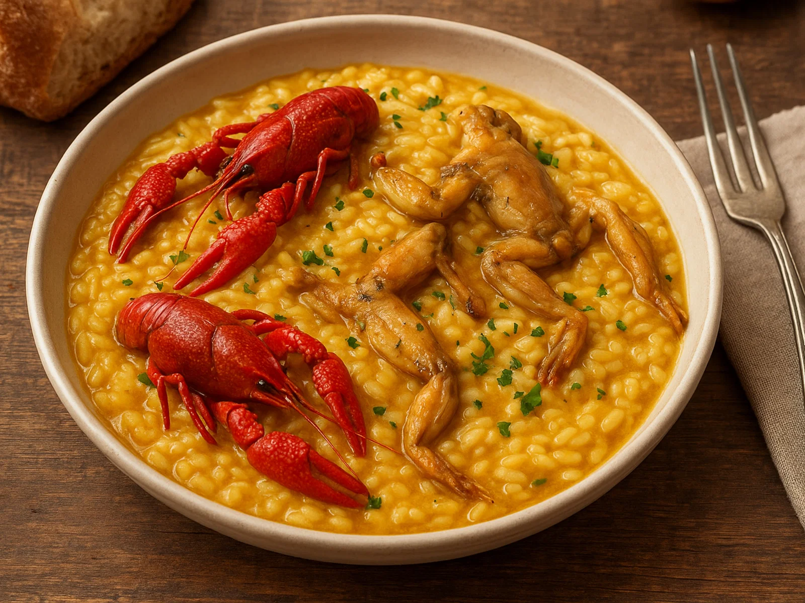 Risotto alla certosina mit Flusskrebsen und Froschschenkeln