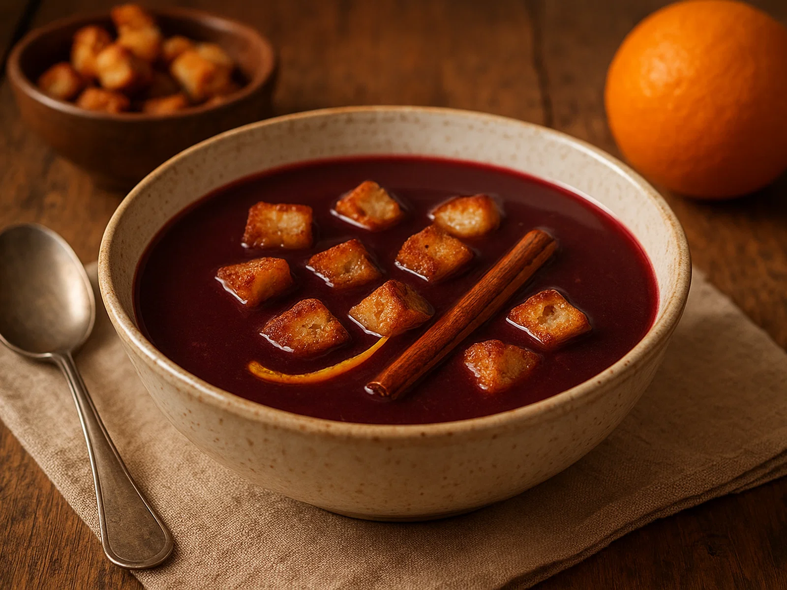 Zuppa di vino rosso – Rotweinsuppe mit Zimt und Croûtons