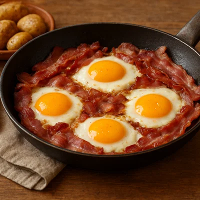 Speck e uova in padella (Speck mit Spiegelei aus der Pfanne)