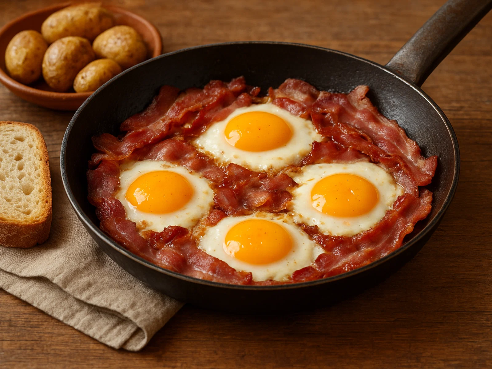 Speck e uova in padella (Speck mit Spiegelei aus der Pfanne)