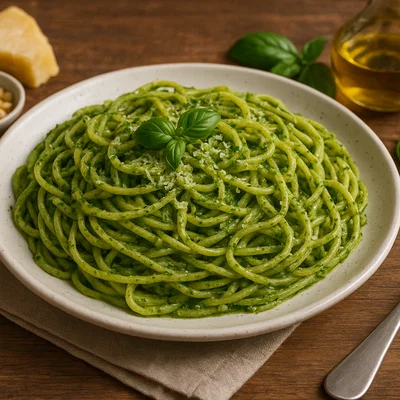 Bavette al Pesto (Flache Bandnudeln mit Basilikum-Pesto)