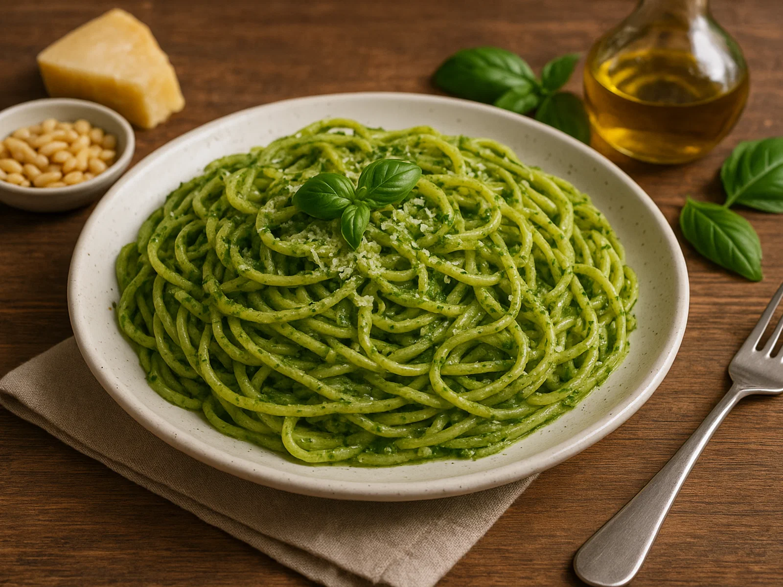 Bavette al Pesto (Flache Bandnudeln mit Basilikum-Pesto)