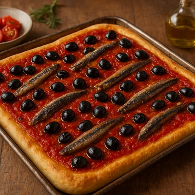 Sardenara – ligurische Pizza mit Tomaten, Oliven und Sardellen
