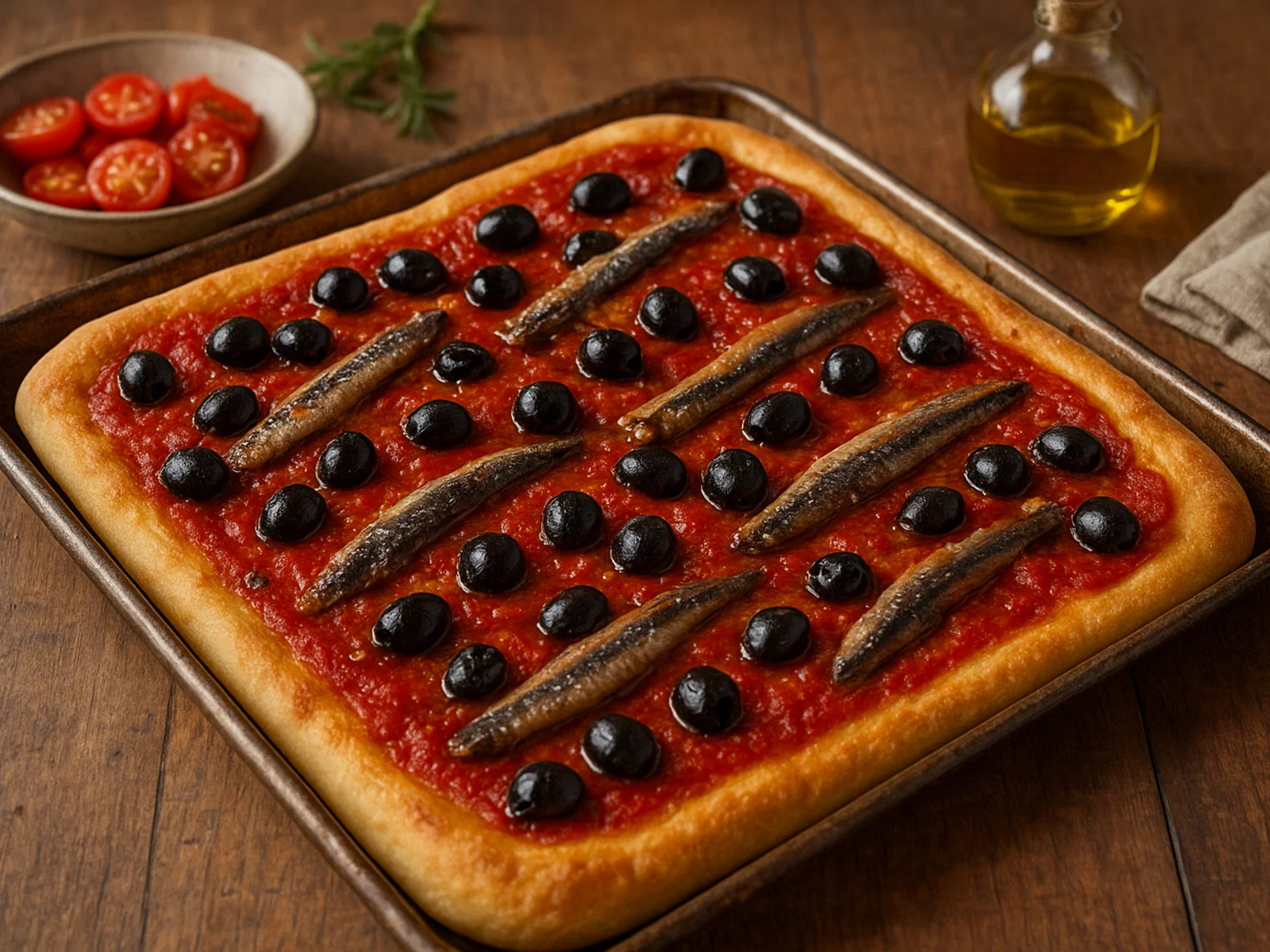 Sardenara – ligurische Pizza mit Tomaten, Oliven und Sardellen