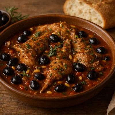 Coniglio alla ligure – Kaninchen mit Oliven, Pinienkernen und Kräutern