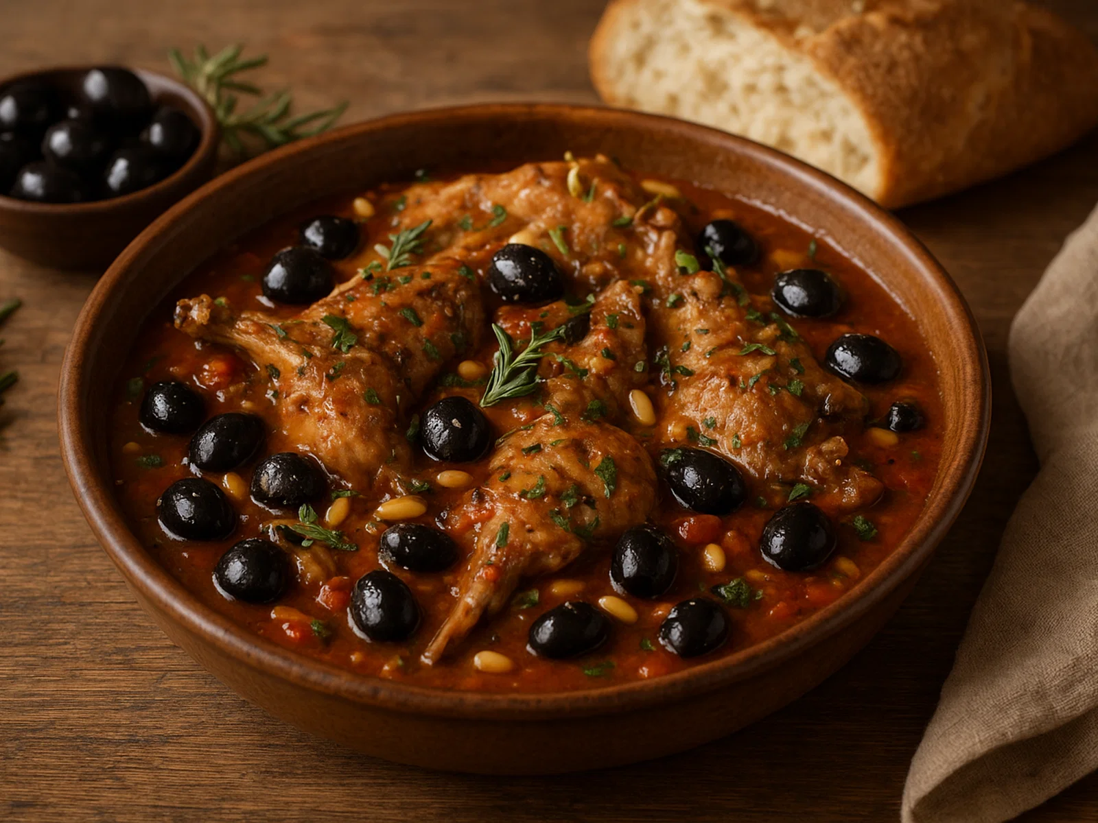 Coniglio alla ligure – Kaninchen mit Oliven, Pinienkernen und Kräutern