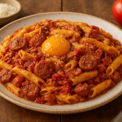 Pasta alla Zozzona – römische Pasta mit Wurst, Guanciale, Ei und Tomate