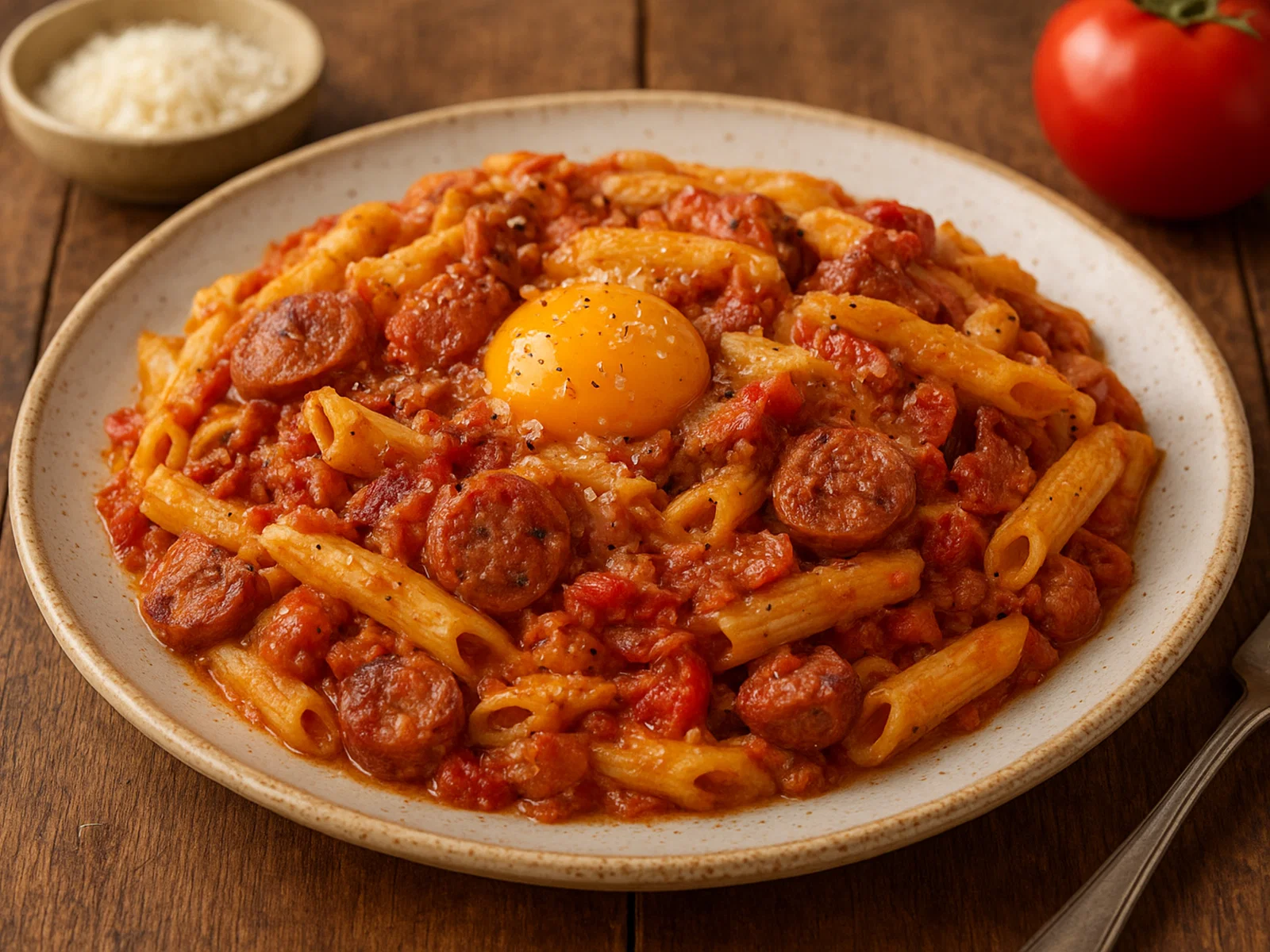 Pasta alla Zozzona – römische Pasta mit Wurst, Guanciale, Ei und Tomate