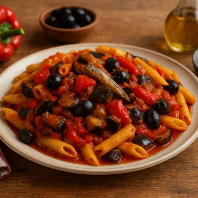 Pasta alla Siracusana mit Paprika, Aubergine, Oliven und Sardellen
