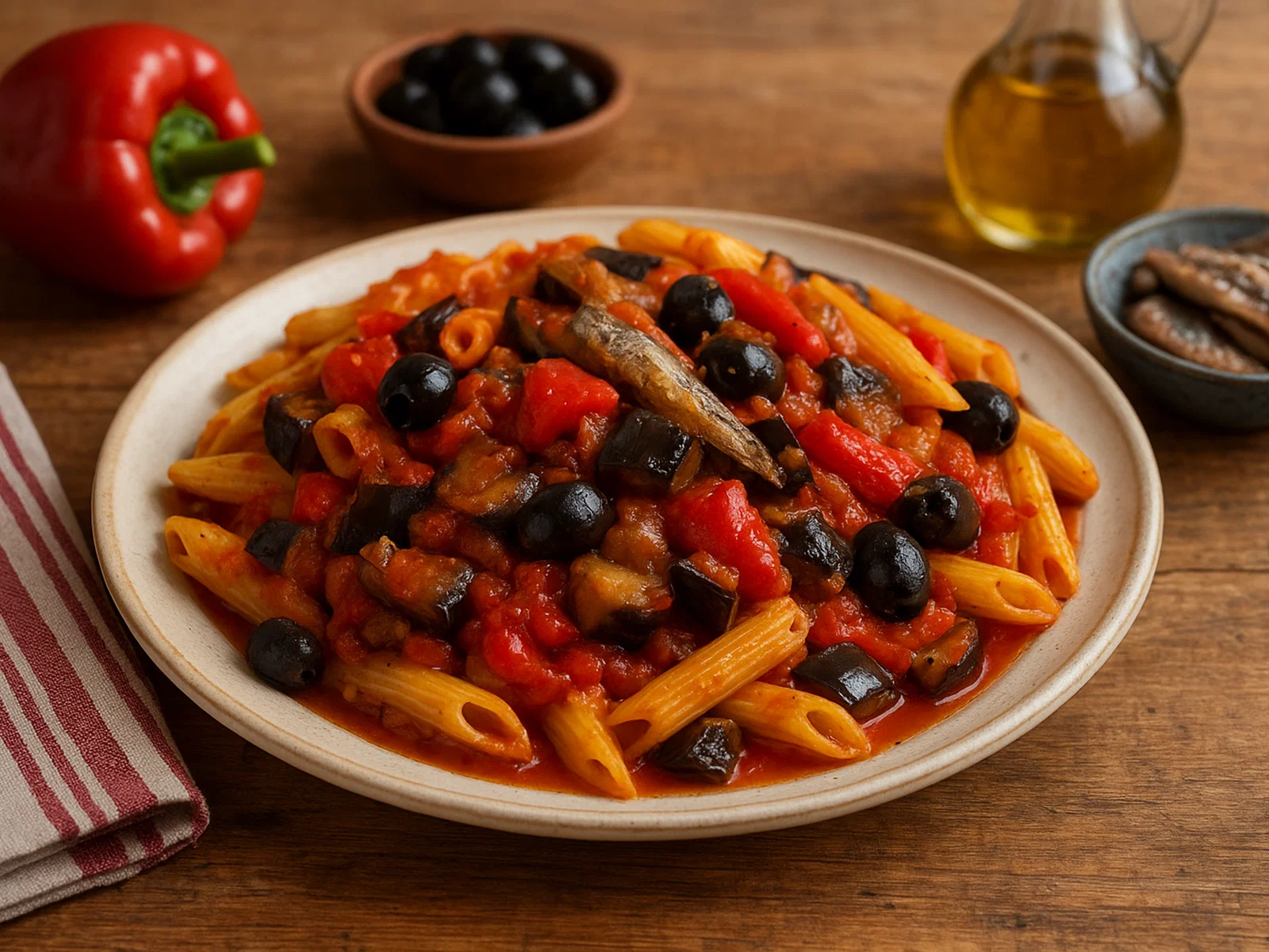 Pasta alla Siracusana mit Paprika, Aubergine, Oliven und Sardellen