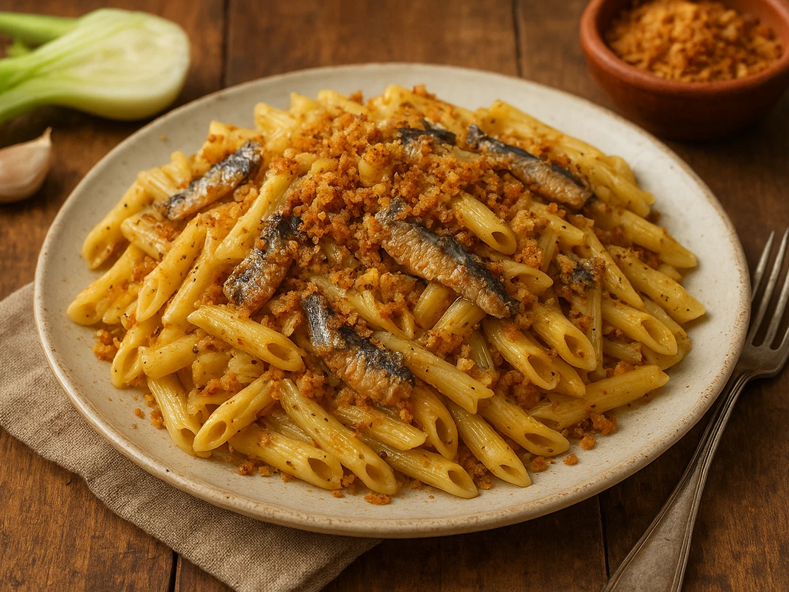 Pasta alla palermitana mit Sardellen, Fenchel & Bröseln