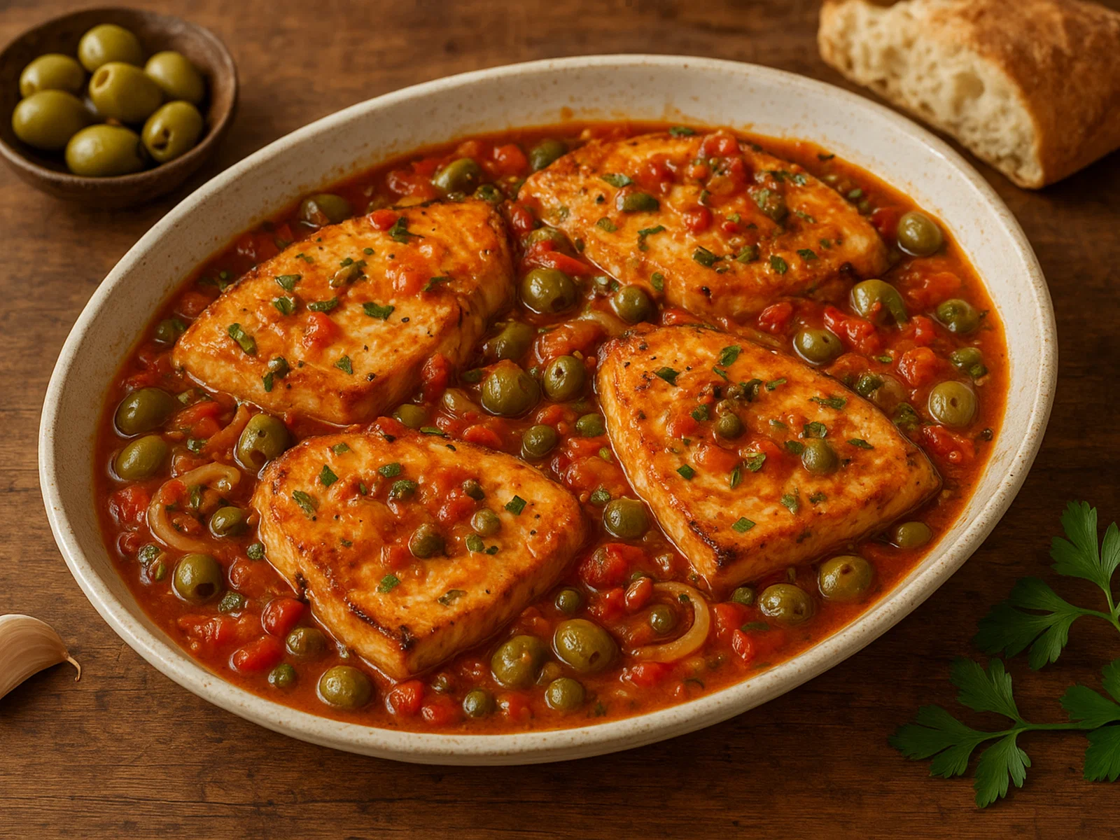 Pesce spada alla ghiotta – Schwertfisch mit Tomaten, Oliven und Kapern