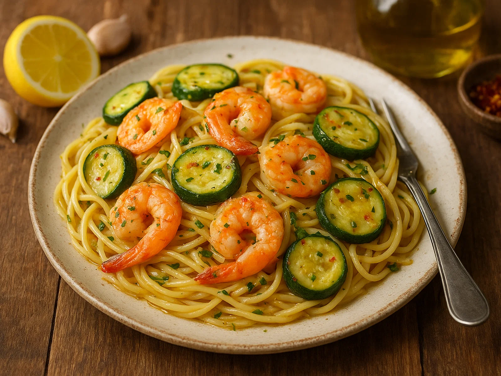 Pasta con gamberi e zucchine