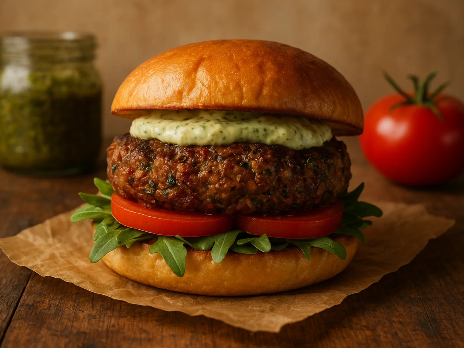 Hamburger all’italiana mit mediterraner Rinderfrikadelle