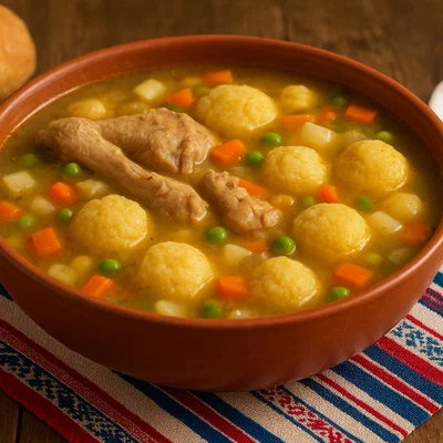 Vori vori de gallina (Paraguayische Maissuppe mit Hühnchen und Käseklößchen)