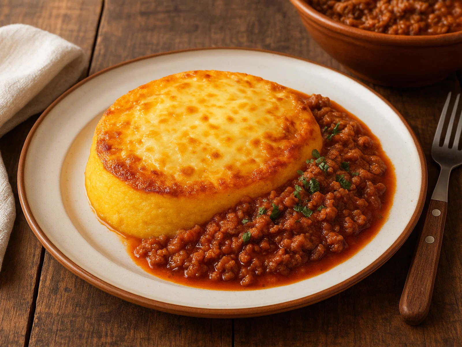 Polenta Paraguaya mit Käse und würziger Fleischsoße