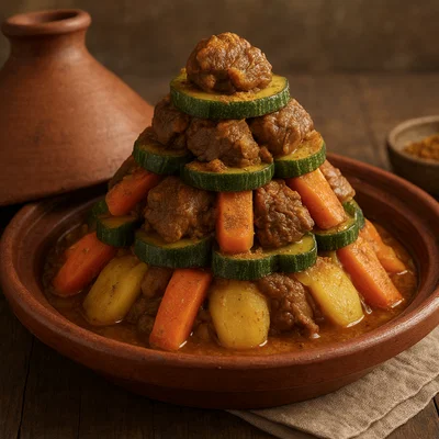 Tagine berbère mit pyramidenförmig geschichtetem Gemüse und Fleisch