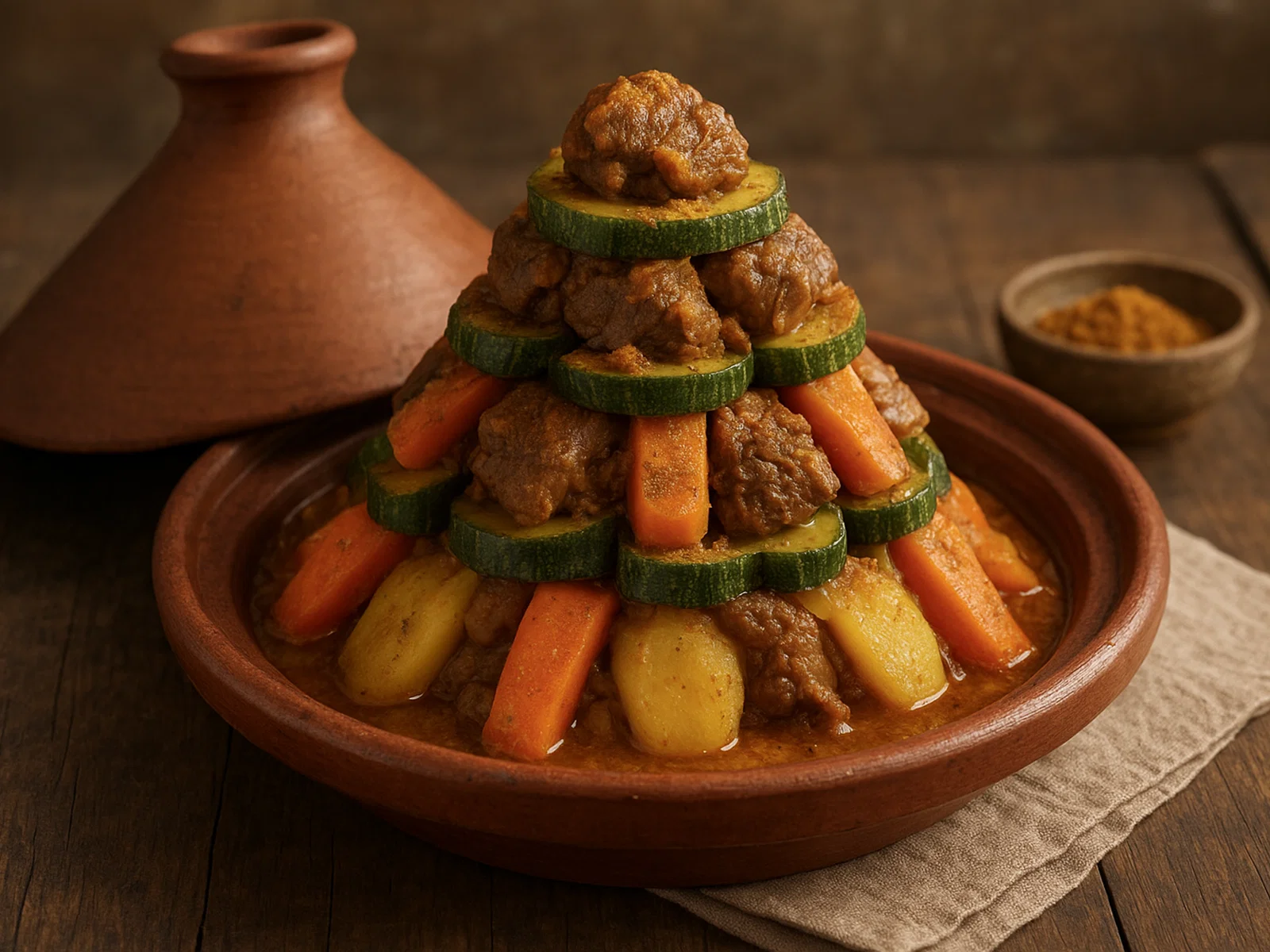 Tagine berbère mit pyramidenförmig geschichtetem Gemüse und Fleisch