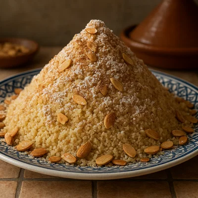 Seffa – Süßer Couscous mit Zimt, Puderzucker und Mandeln