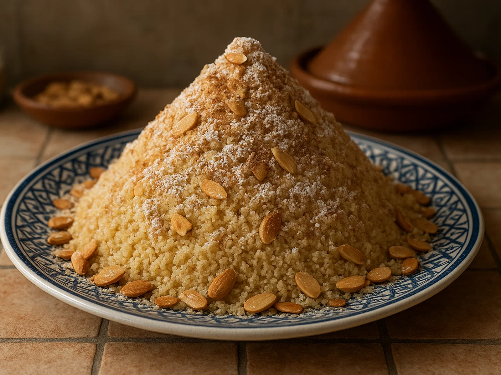 Seffa – Süßer Couscous mit Zimt, Puderzucker und Mandeln
