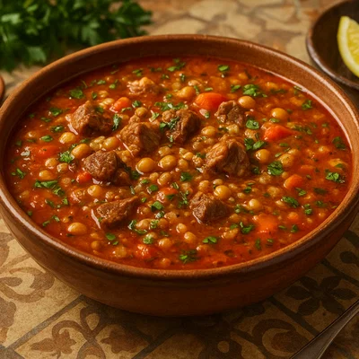 Algerische Chorba – würzige Suppe mit Fleisch und Graupen