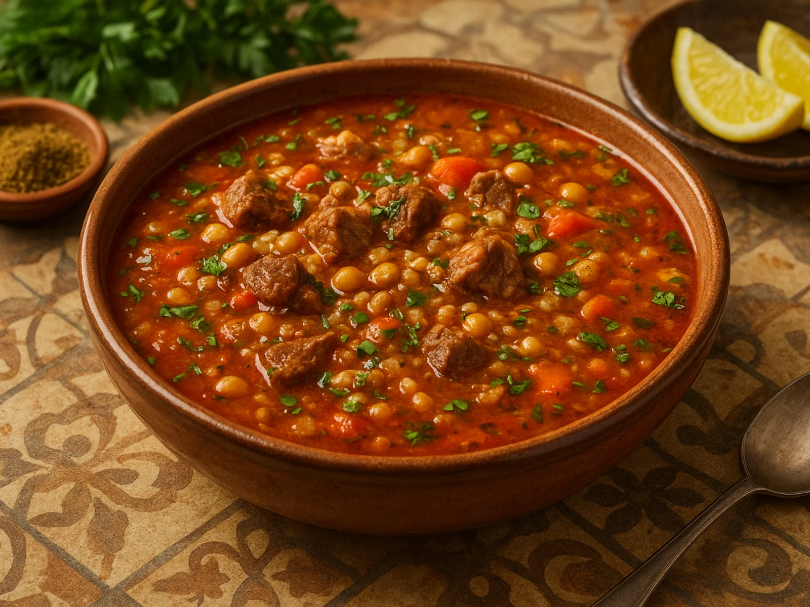Algerische Chorba – würzige Suppe mit Fleisch und Graupen